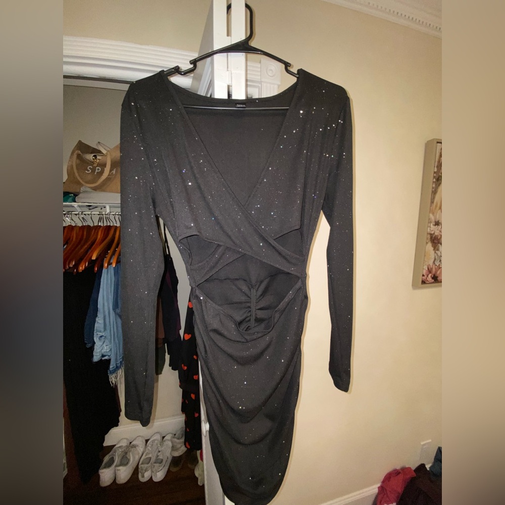 Black Sparkly Body Con Dress with cut out detail
